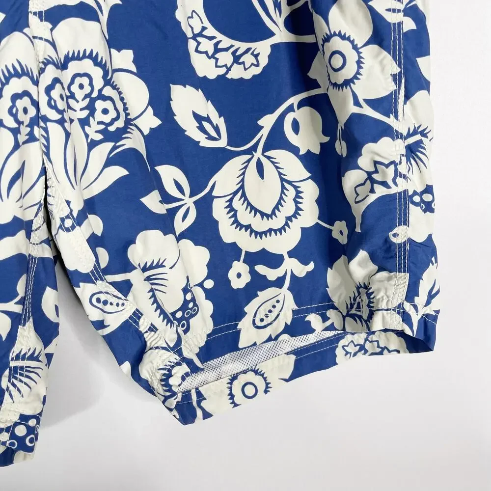 J Crew Mens Size 36 Blue White Floral Printed Swim Trunks Board Shorts Lace Up